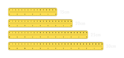 Set of plastic yellow rulers 15, 20, 25 and 30 centimeters. Measuring tool for work and learning. Ruler with double side measuring inches and centimeters. Vector illustration