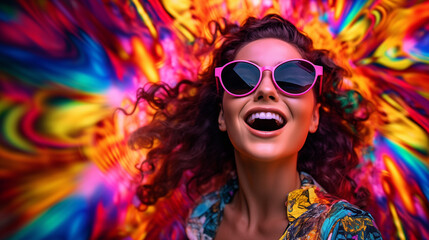 Beautiful young woman wearing stylish glasses happy smile on a colorful background