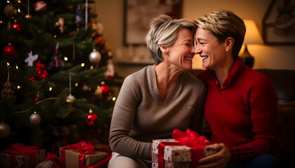 Mature copule lesbien in love with presents at home on Christmas eve - obrazy, fototapety, plakaty