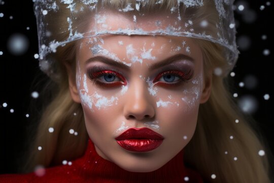 Portrait of blond woman in her 20s with intense Christmas themed make up with snow and bright red lips