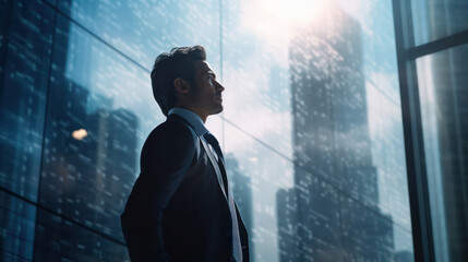 Contemplating Business Organizations, A Businessman Stands Back in the Office city background