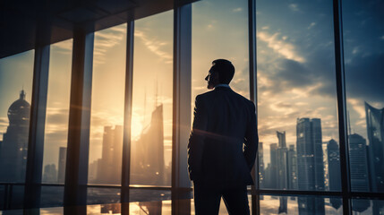 Fototapeta na wymiar Contemplating Business Organizations, A Businessman Stands Back in the Office city background