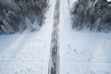 Car Tracks On The Road In The Snow, Top View. Сoncept Winter Wonderland, Freshly Fallen Snow, Serene Landscapes, Track Marks In The Snow, Aerial Perspective