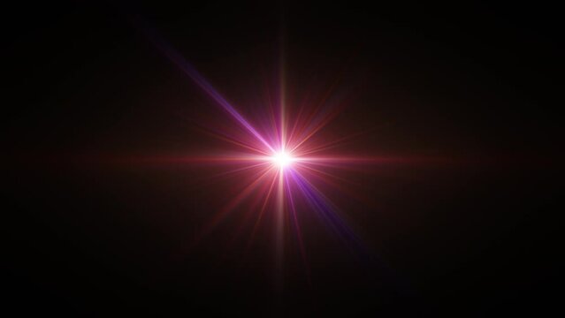 4K loop center glow colorful optical flare rays light on black abstract background for screen project overlayt. Lighting lamp rays effect dynamic bright video footage. Gold glow star optical flare mot