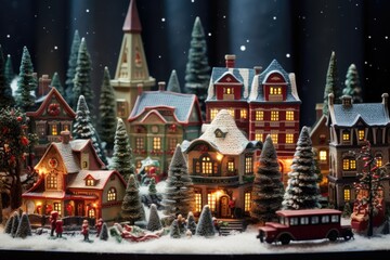 Fototapeta premium Christmas Village With Festive Trees As Backdrop Photorealism