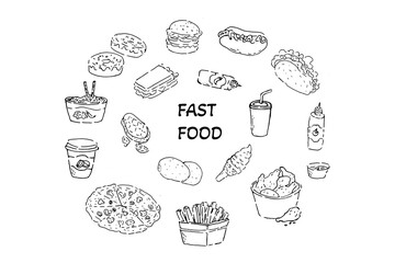 round background fast food set in sketch outline