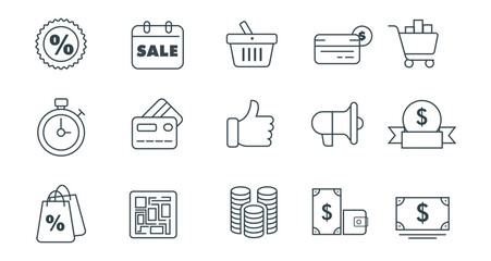 Outline money icons set. Info, Sale and finance icons. For website app. Vector stock illustration. editable stroke