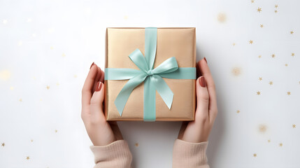 Woman's hands holding Gift box top view 
