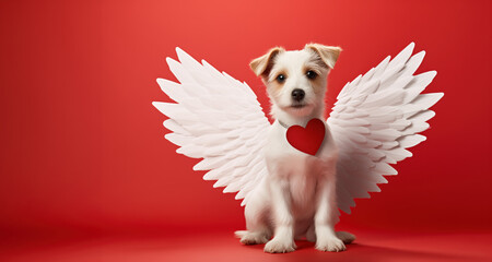Cute dog with white feather cupid wings. Valentine's day, love, wedding, banner with copy space