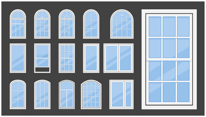 Plastic windows with various types frames and glass, windows framing, window sash collection, vector