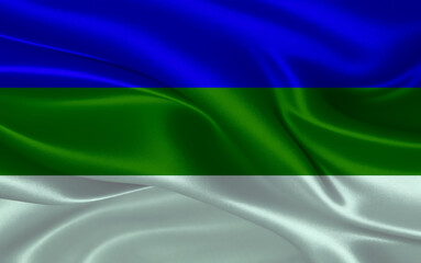 3d waving realistic silk national flag of Komi. Happy national day Komi flag background. close up