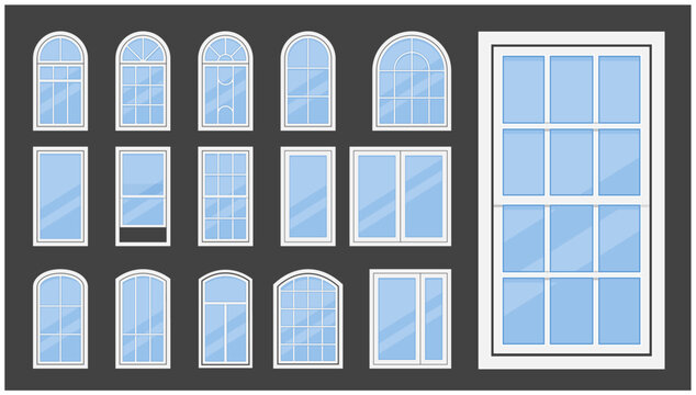 Plastic windows with various types frames and glass, windows framing, window sash collection, vector