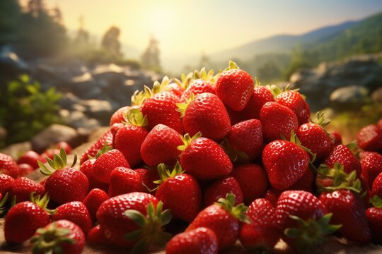 Strawberry Fields. Strawberry and Sky. Advertising Photo. Commercial Food photography. Natural Organic Strawberry