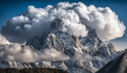 Majestic mountain peak rises high above dramatic landscape and sky generated by AI