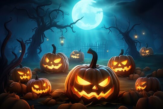 Evil halloween background pumpkin head the cemetery bats fly and candles burning
