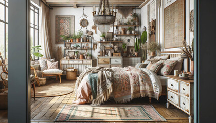 Obraz na płótnie Canvas Boho, french country style interior design of modern bedroom 