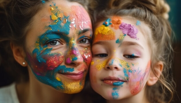 Smiling children paint colorful faces, celebrating creativity and togetherness generated by AI