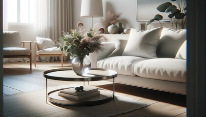 Close up of glass vase with flowers on round coffee table near white sofa. Scandinavian style home interior design of modern living room 