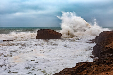View of the Atlantic Ocean coast in the area of Essaouira in Morocco.