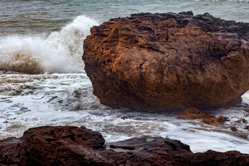 View of the gigantic rocky stone in the Atlantic Ocean in the area of Essaouira in Morocco.
