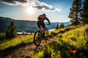 Cyclist Riding Through Vibrant Mountain Trail, Surrounded By Beauty