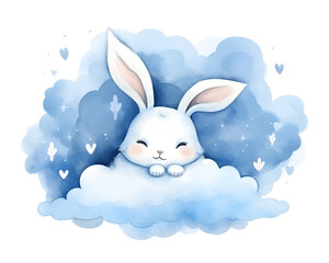 Cute cartoon rabbit sleeping on blue clouds watercolor illustration isolated on white background