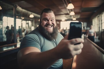 Happy Overweight Man Capturing Gym Selfie Before Workout Photorealism - obrazy, fototapety, plakaty