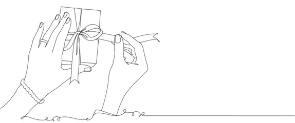 Human hand holding gift box line art vector illustration. line art drawn surprise. Birthday symbol. Vector eps