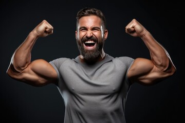 Happy Man Celebrating His Success In Weight Loss Journey Photo - obrazy, fototapety, plakaty