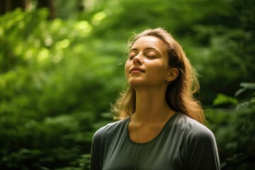 Relaxed Woman Breathing Fresh Air In Green Forest - obrazy, fototapety, plakaty