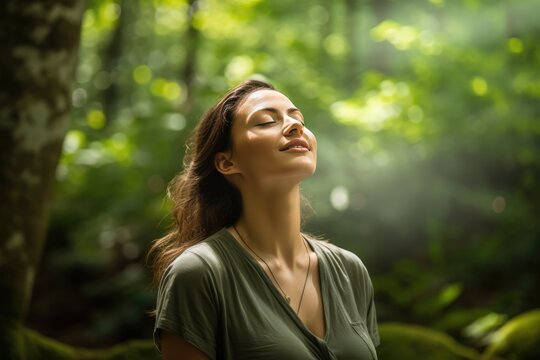 Relaxed Woman Breathing Fresh Air In Green Forest. Сoncept Nature Retreat, Forest Therapy, Mindful Moments, Serene Wilderness