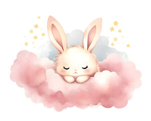 Cute cartoon pink rabbit sleeping on soft clouds watercolor illustration isolated on white background