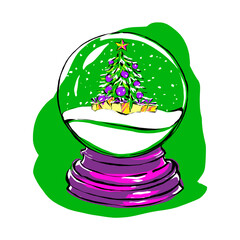 Snow globe with Christmas tree and falling snow. Digital hand-painted element for The New Year illustrations