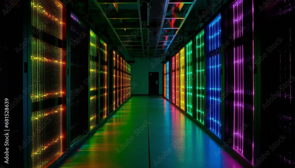 Poster futuristic computer network glows in dark, reflecting industry speed generated by ai