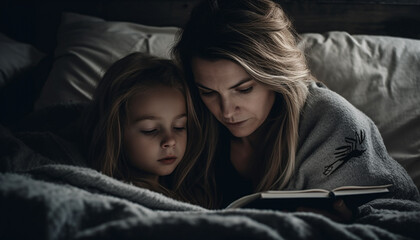 Mother and daughter embrace, reading a picture book in bed generated by AI