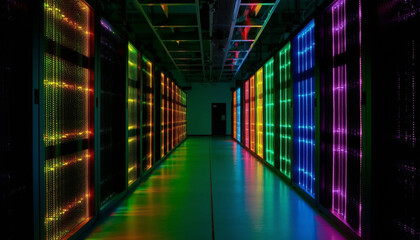 Fototapeta premium Futuristic computer network glows in dark, reflecting industry speed generated by AI