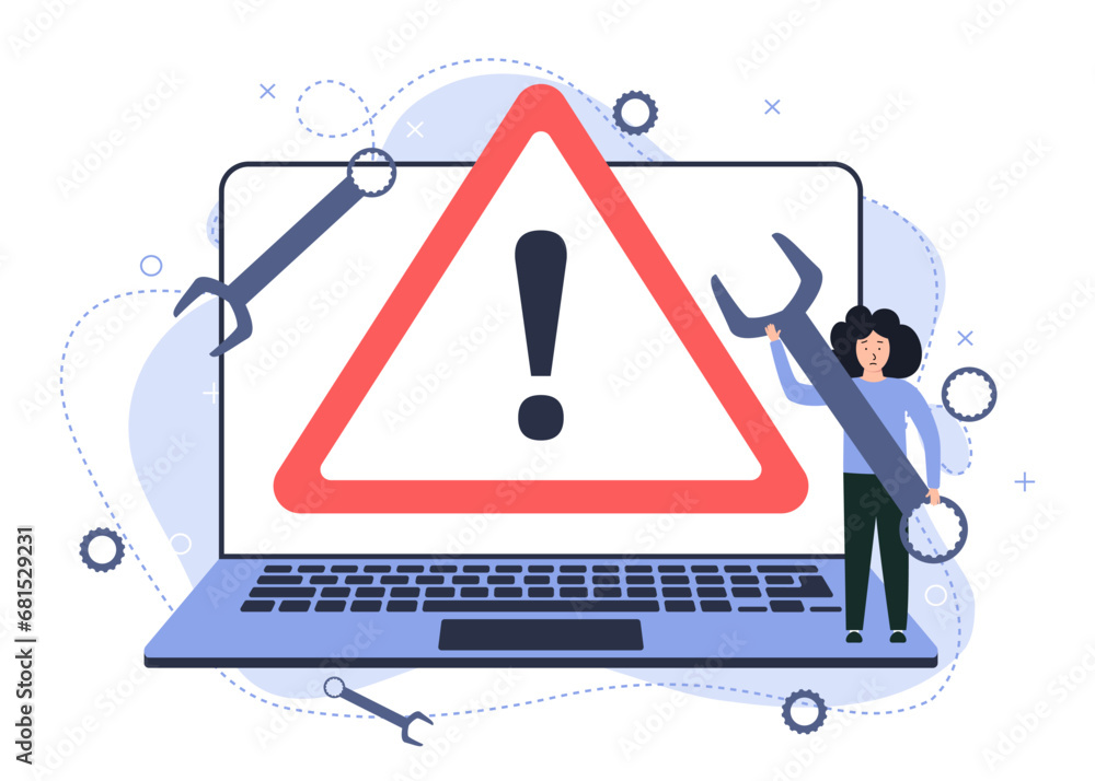 Poster illustration of a broken laptop. error warning sign on the screen. vector image of a broken or repai
