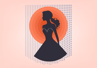 Vector dark silhouette of a young slender beautiful lady in a dress on a background of round geometric shapes. Fashionable mysterious girl.