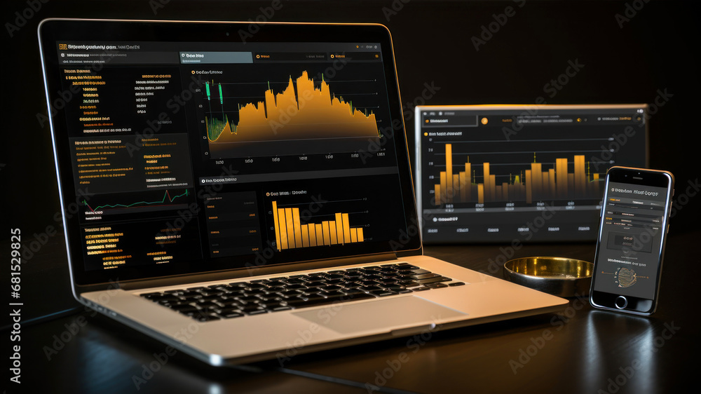 Aufkleber laptop and smartphone with stock market data on screen. 3d rendering