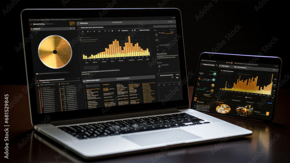 Aufkleber laptop and tablet with graphs and charts on the screen. 3d rendering