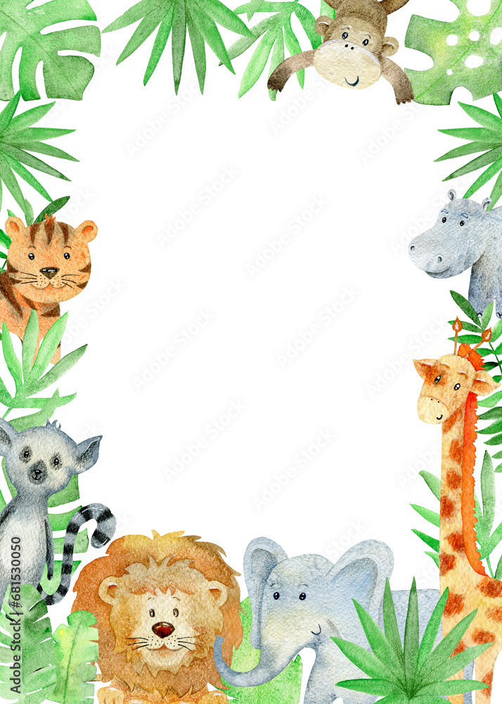 Wall mural Baby shower card. Watercolor safari card with animals.