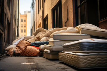 Pile of dirty mattresses after a bedbug insect infestation out on the sidewalk for garbage landfill - obrazy, fototapety, plakaty