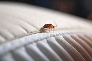 Bedbug insect crawls in a bed room mattress seam