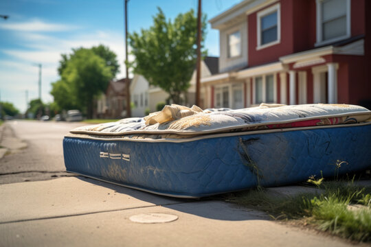 Pile of dirty mattresses after a bedbug insect infestation out on the sidewalk for garbage landfill
