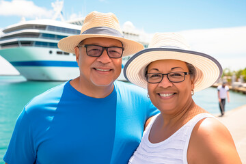 A South American couple taking a selfie with a cruise ship behind