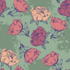 Seamless boho floral pattern with peony flowers. Retro collage pattern. Contemporary print for wedding stationary, greetings, wallpapers, fashion, backgrounds, textures, DIY, wrappers, cards