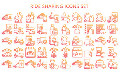 Ride sharing gradient outline icons set. contain pin location, passenger, map. direction, taxi and more. use for modern concept, best for UI or UX kit, web and app development. vector EPS 10.