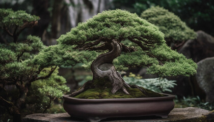 Japanese pine tree in flower pot adds beauty to garden decor generated by AI