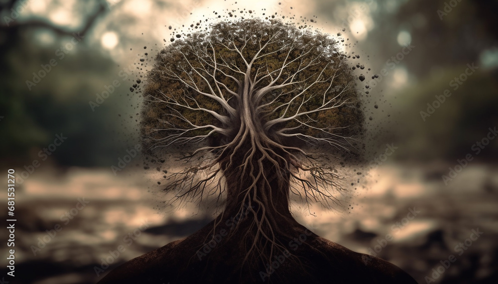 Poster silhouette of tree trunk against abstract autumn forest background generated by ai