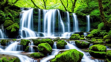 beauty of a cascading waterfall in a lush, green environment.
